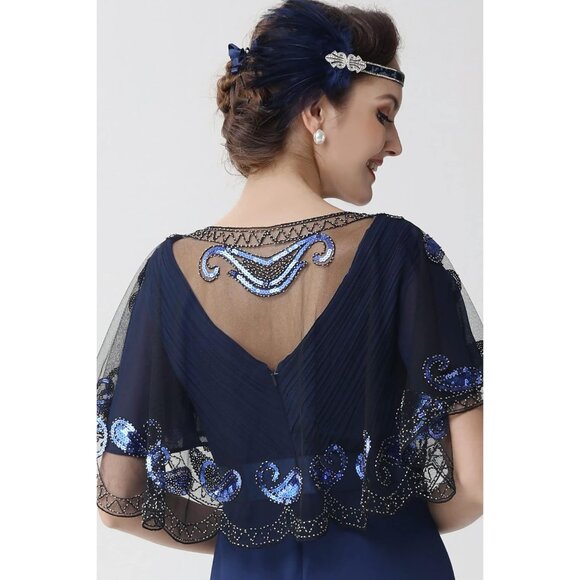 🆕 Women Blue Sequin Beaded Evening Cape Bridal Shawl Bolero Flapper Cover Up - Picture 4 of 6